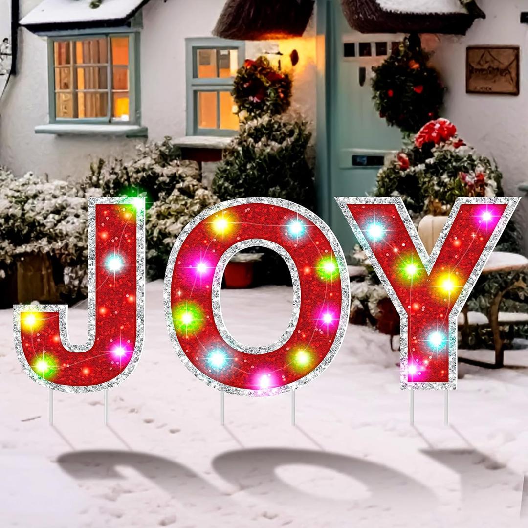 3 Piece Joy Outdoor Christmas Decoration 31.5 Inch LED Joy Letters Lighted and Yard Sign with Stakes for Holiday Xmas Garden Indoor Home Church Eve Party Night Decor