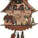 Engstler Quartz Cuckoo Clock Black Forest House with Moving Wood Chopper and Mill Wheel, with Music EN 496 QMT