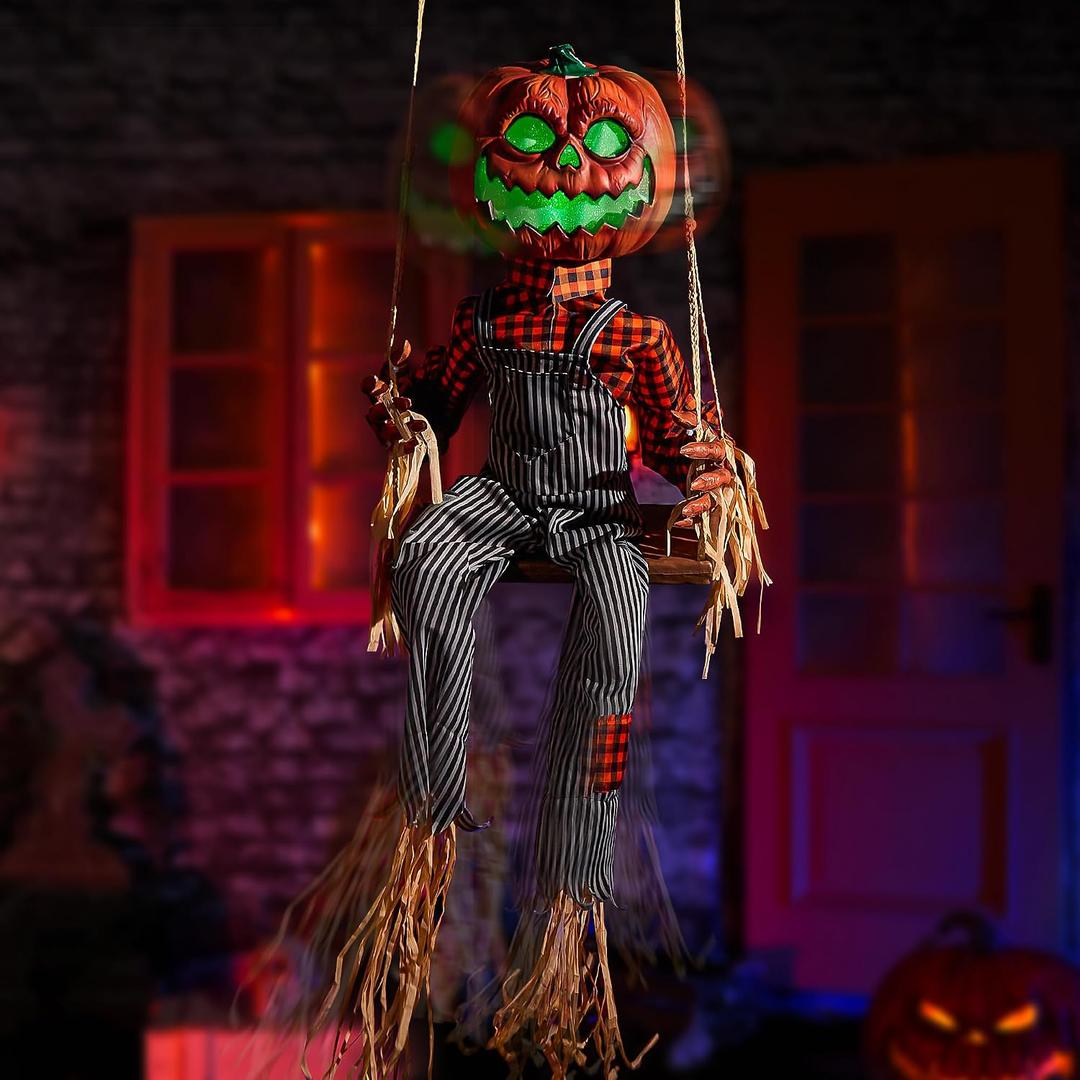 Halloween Animatronics Swinging Pumpkin, Hanging Animated Decorations with Motion Sensor, Creepy Sound, Scary Move, Light Up Eyes, Haunted Decor Horror Spooky Prop for Indoor, Outdoor, Yard Lawn