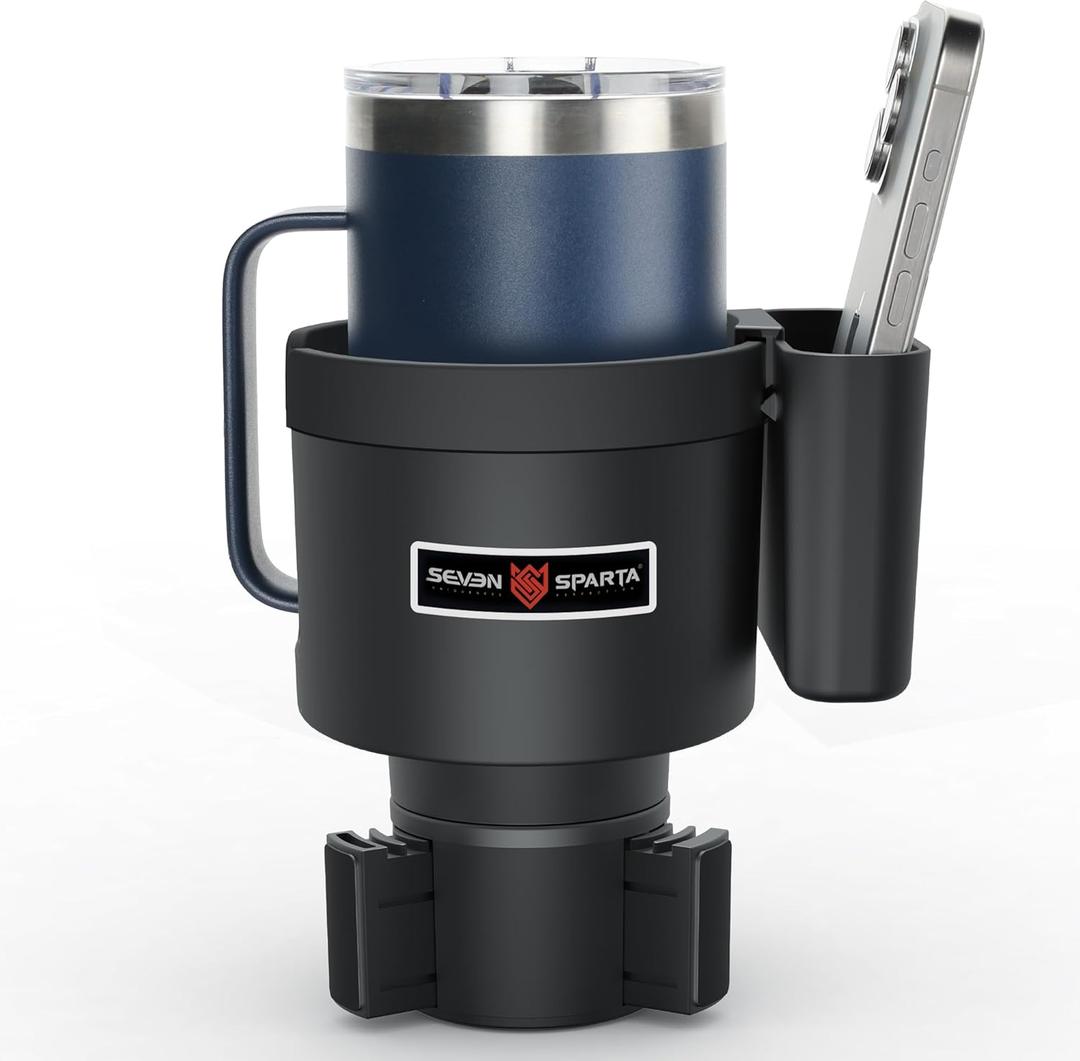 Seven Sparta Cup Holder Expander with Phone Holder & Cable Access, 3-in-1 Car Organizer, Side Storage Box for Phone/Cards, Compatible with Yeti, Owala, Hydro Flasks & Large Bottles Mugs in 3.4"-3.8" (Medium)