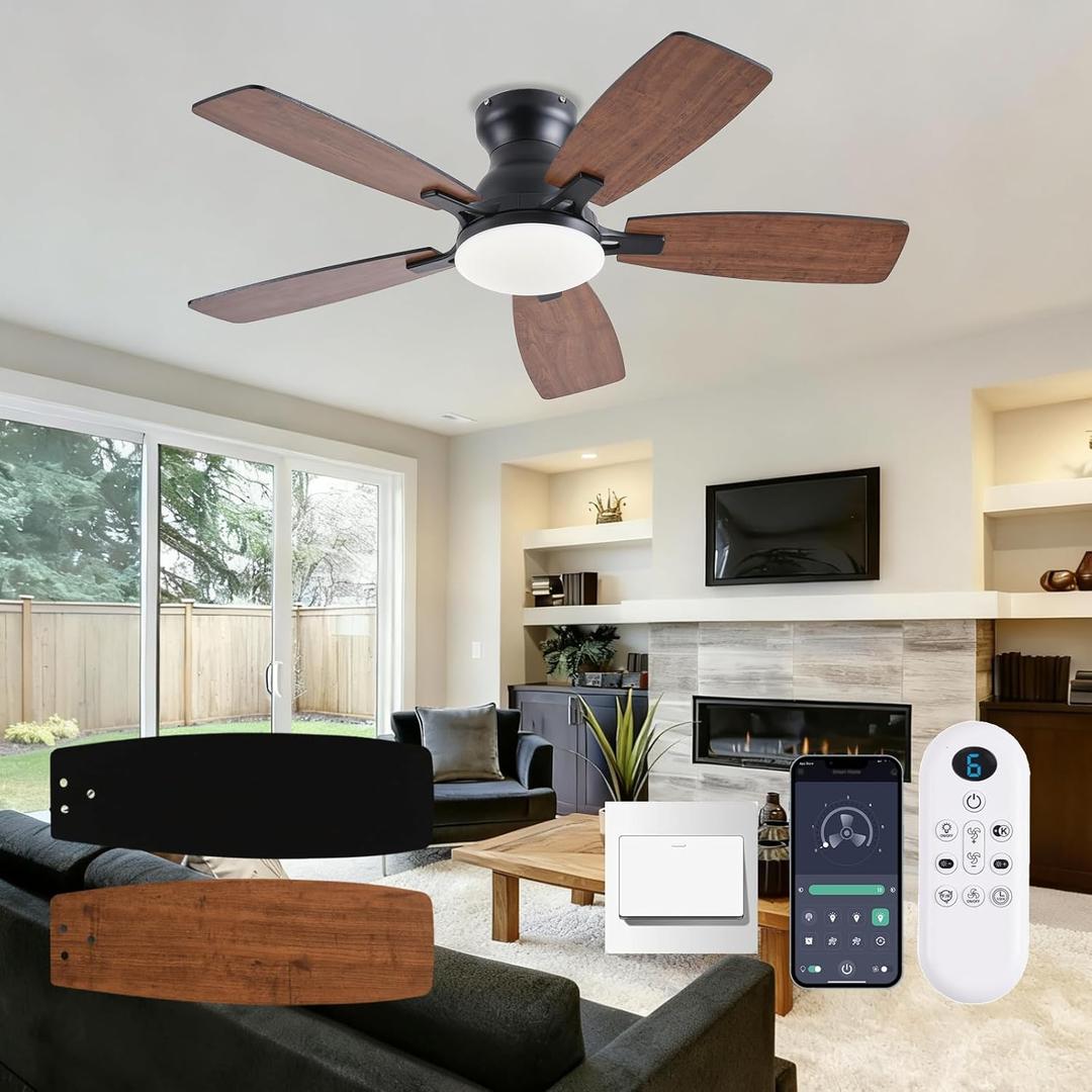 NKPU 42inch Ceiling Fans with Lights, Low Profile Ceiling Fan with Light and Remote/APP Control, DC Reversible Motor, Noiseless, Flush Mount, Brown Ceiling Fan for Bedroom Indoor/Outdoor Use