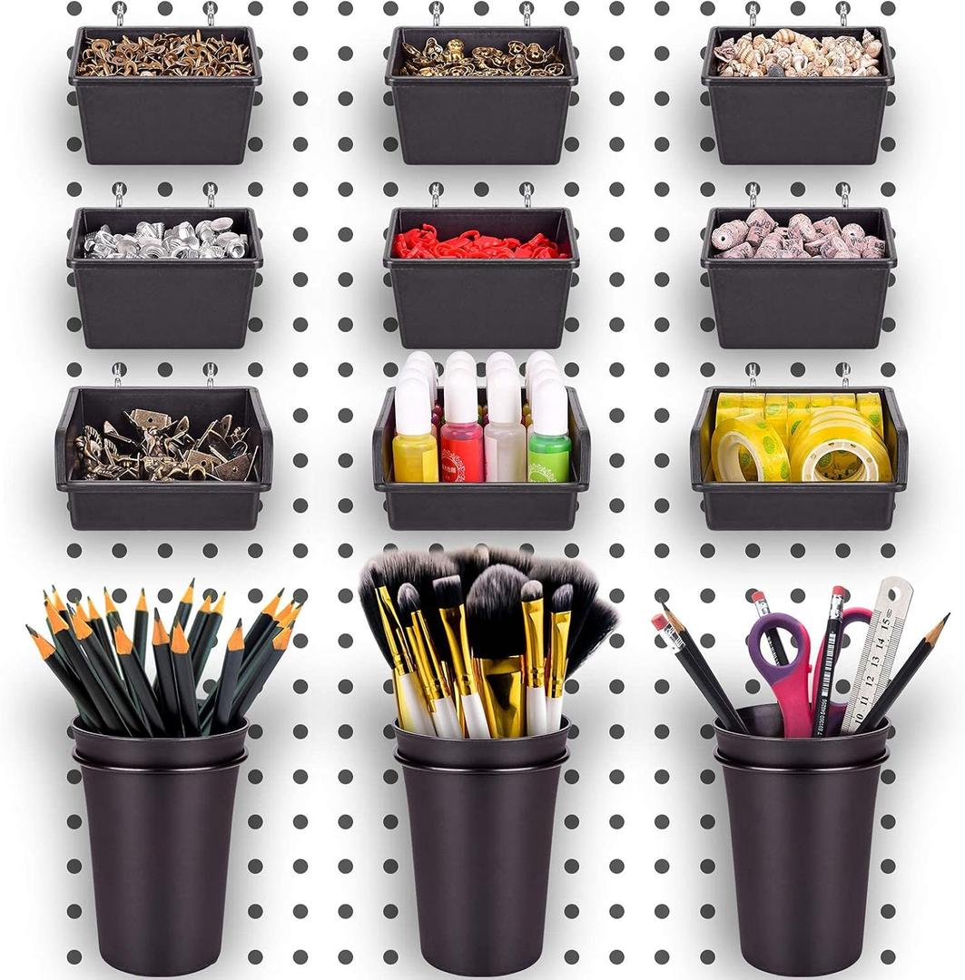 G.CORE 12 Pack Pegboard Bins PegBoard Cups with Hooks & Loops, Peg Board Hooks Assortment Organizer Accessory, Various Tools Storage Arrange Kit for Garage Craft Workshop Workbench