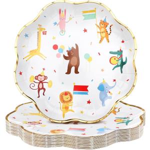 Maxdot 25 Pack Animal Parade Party Plates, 9 Inch Disposable Paper Plates Scalloped with Cute Jungle Safari Animal Design, Fit for Birthday, Baby Shower, Kids Party, Zoo Theme Celebration