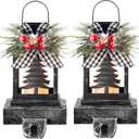 Therwen 2 Pcs Christmas Stocking Holders Lantern Christmas Stocking Hangers for Mantel Xmas Hooks Decorative Retro Light up Holders for Home Indoor Outdoor Decor (Xmas Tree,Black)
