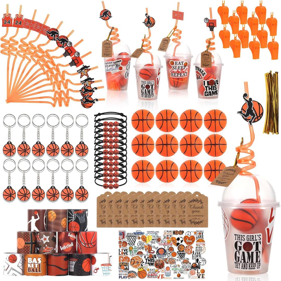 LiYiQ 158 Pcs Basketball Party Favors Basketball Party Supplies with Cup Straw Stress Ball Keychain Sticker Slaps Bracelets Whistle Thank You Tags for Basketball Birthday Decorations (Basketball)