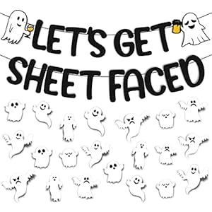 Lets Get Sheet Faced Banner with 3D Ghosts Decoration Halloween Bat Spider Witches Haunted House Theme Happy Halloween Party Supplies Glitter Black Decorations