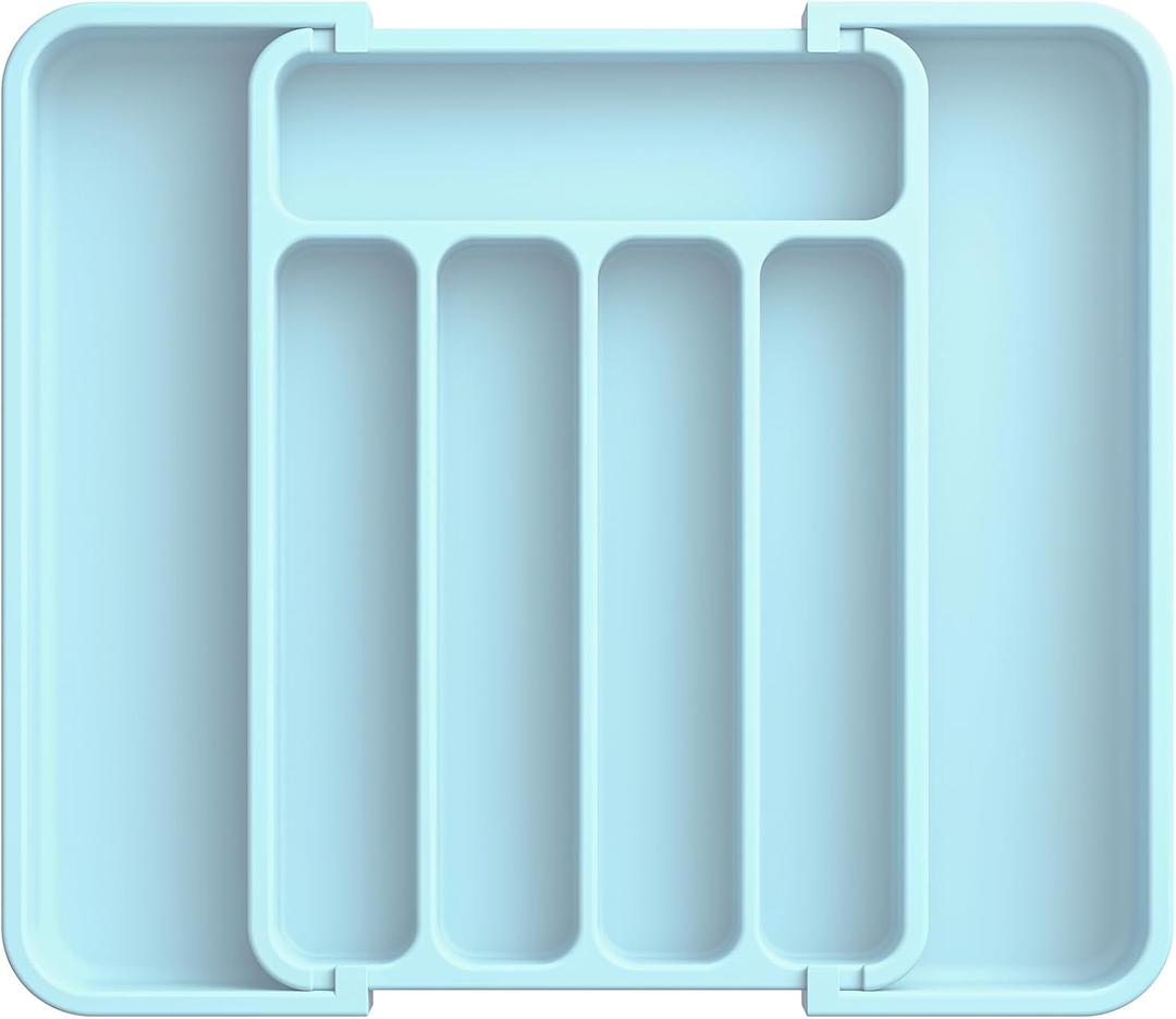 Aujen Silverware Organizer - Expandable Kitchen Drawer Organizer, Adjustable Utensil Organizer, Cutlery Tray for Forks, Knives, Multipurpose Kitchen Organizers and Storage Solution, Blue, Medium