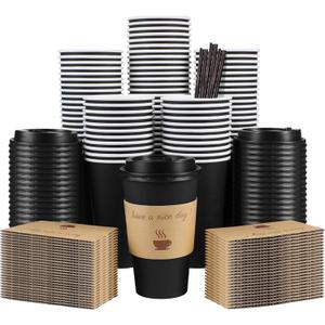 100 Pack 16 oz Coffee Cups with Lids, Disposable To Go Paper Coffee Cups with Sleeves and Stirring Sticks for Hot/Cold Drinks Office Home Shop Event (Black)
