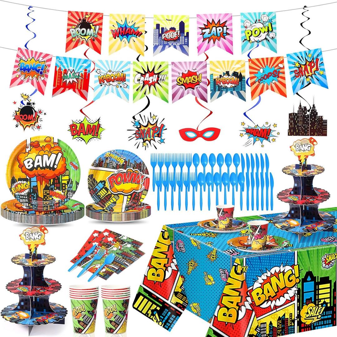 97 Pcs Hero Party Supplies for 12 Guests Include Hero Plates and Napkins Paper Cups Cupcake Stand Tablecloth Banners Cutlery Party Decorative Tableware Set for Birthday Baby Shower Decorations