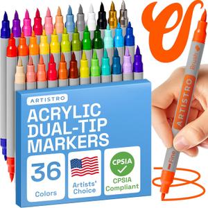 ARTISTRO Dual Tip Acrylic Paint Markers - Easy for All Ages & Levels Acrylic Paint Pens for Fabric, Rocks, Paper, Wood, Canvas, Glass, DIY (Dual Tip Brush + Fine, 36)