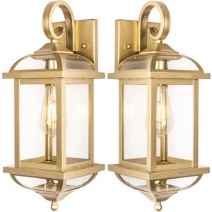 2-Pack 18 Gold Light Fixtures Outdoor Wall Lights Exterior Lanterns, Brass Porch Lights Outside Anti-Rust Aluminum Patio Lights for House Clear Glass Wall Mount Lighting, IP65 Waterproof