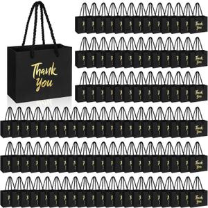 Geyoga 100 Pcs Small Thank You Gift Bags Bulk 4.7 x 2.36 x 4'' Gold Foil Mini Thank You Goodie Gift Bags with Handles for Employee Appreciation Day Baby Shower Party Favor(Black)