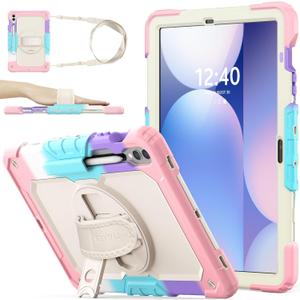 SEYMAC stock Case for Samsung Galaxy Tab S10 Plus/ S9 FE Plus/ S9+ 5G Tablet 12.4'' Case with Screen Protector Pencil Holder [360 Rotating Hand Strap] &Stand, Drop-Proof, Beige+Pink