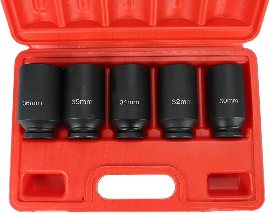 5PCS 1/2-Inch Drive Deep Spindle Axle Nut Impact Socket Set, 12 Point Metric, CR-MO, 30mm 32mm 34mm 35mm 36mm