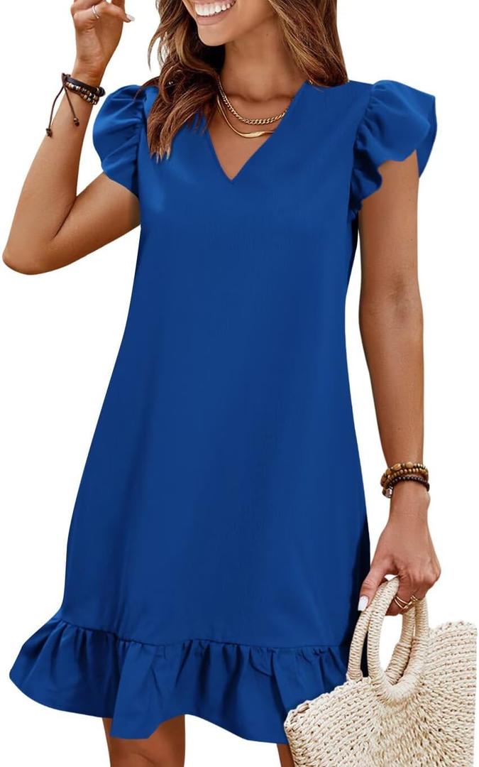 QACOHU Spring Summer Dresses for Women 2026 V Neck Cap Sleeve Ruffle Hem Smock Short Casual Beach Dress (Medium, 01-royal Blue)