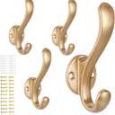 4 Pack Coat Hooks Wall Mount Heavy Duty Utility Retro Double Hooks for Hanging Coats,Hat, Towel, Key, Robe, Scarf, Bag, Cap (Gold)