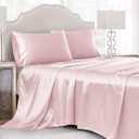 4 Pcs Blush Pink Satin Sheets Queen Size Silky Satin Bedding Sheets Set with 1 Deep Pocket Fitted Sheet, 1 Flat Sheet, 2 Pillowcase