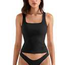 SUUKSESS Women Cotton Ribbed Summer Going Out Tops Padded Sleeveless Trendy Tank Tops Basic Square Crew Neck Top (Black, Medium)