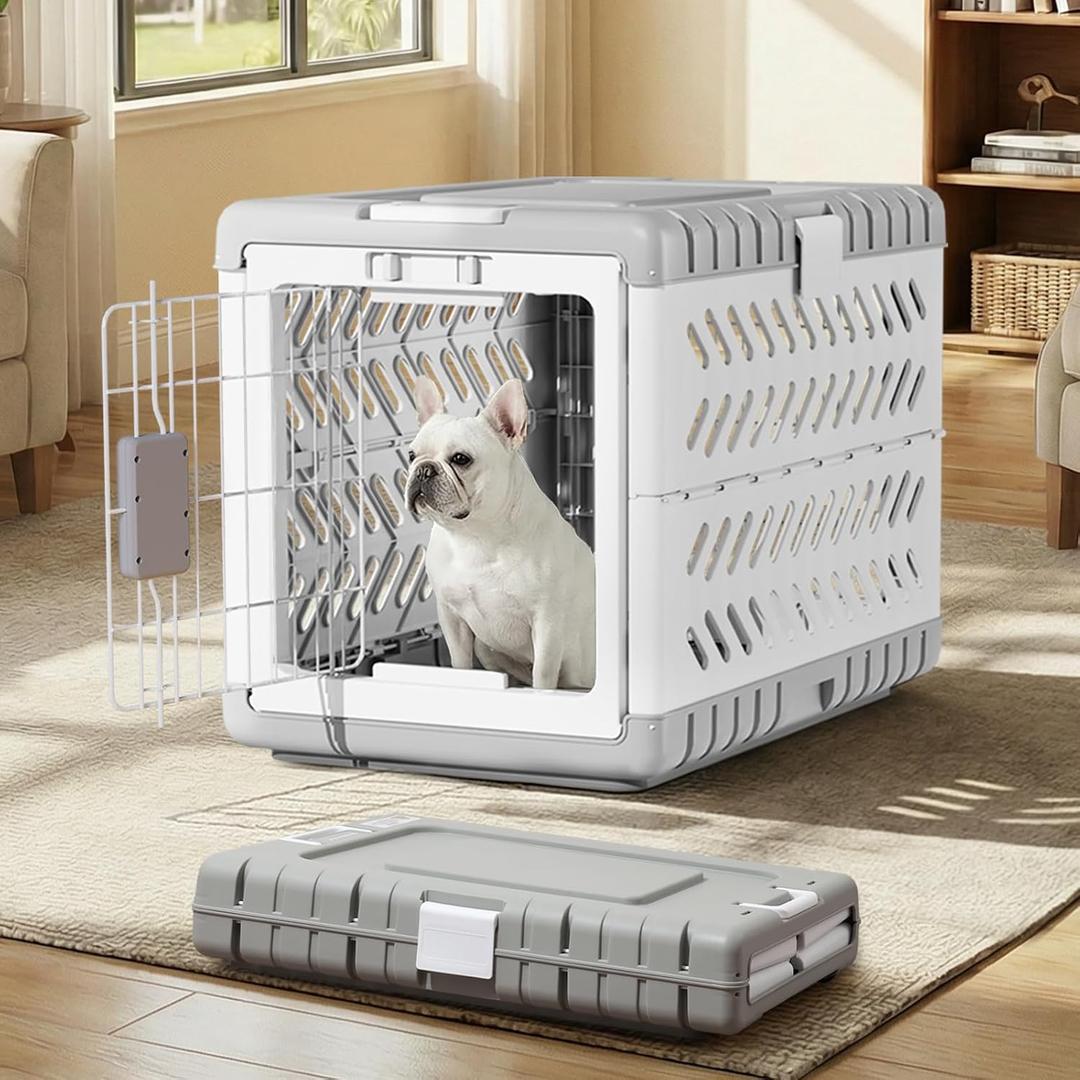 Collapsible Dog Crate for Medium/Small Dogs - 28" L Foldable Dog Cage No-Tool Assembly, Travel Dog Crate with 2 Wheels - Easy to Carry, Space-Saving, Indoor Outdoor Use, Grey