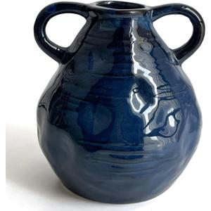 LIFFY Blue Ceramic Vase 6.3 Inch - Double Handles Farmhouse Centerpiece for Table, Handmade Vintage Decor