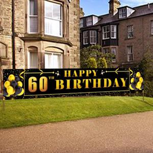 Happy 60th Birthday Background Banner 118.2"X19.7" Super Large Birthday Sign Poster for Men and Women Anniversary Party Photo Booth Background Banner Decorative Supplies (Black and Gold)