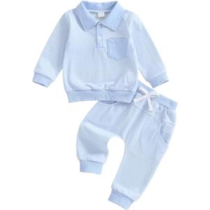 FOCUSNORM Toddler Baby Boy Clothes Plaid Long Sleeve Sweatshirt Pullover Tops + Joggers Pants Infant Boy Fall Winter Outfits (12-18 Months, Cute Blue)