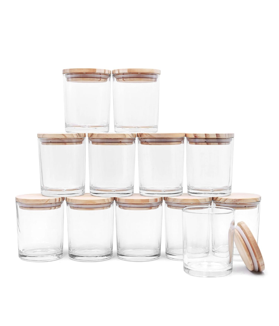 SHOWIN Thick Candle Jars for Making Candles 9 Pcs, 7 OZ Empty Jars with Wood Lids for Candle Making, Sample Container, Clear