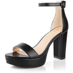 Ankis Chunky Platform Heels - 4 Inch Block Heeled Sandals for Women - Comfortable Open Toe Strappy Heels - Black - Summer Dress Shoes 9.5