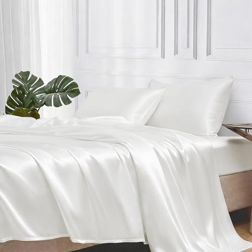 MR&HM Satin Bed Sheets, King Size Sheets Set, 4 Pcs Silky Bedding Set with 15 Inches Deep Pocket for Mattress (King, Ivory)