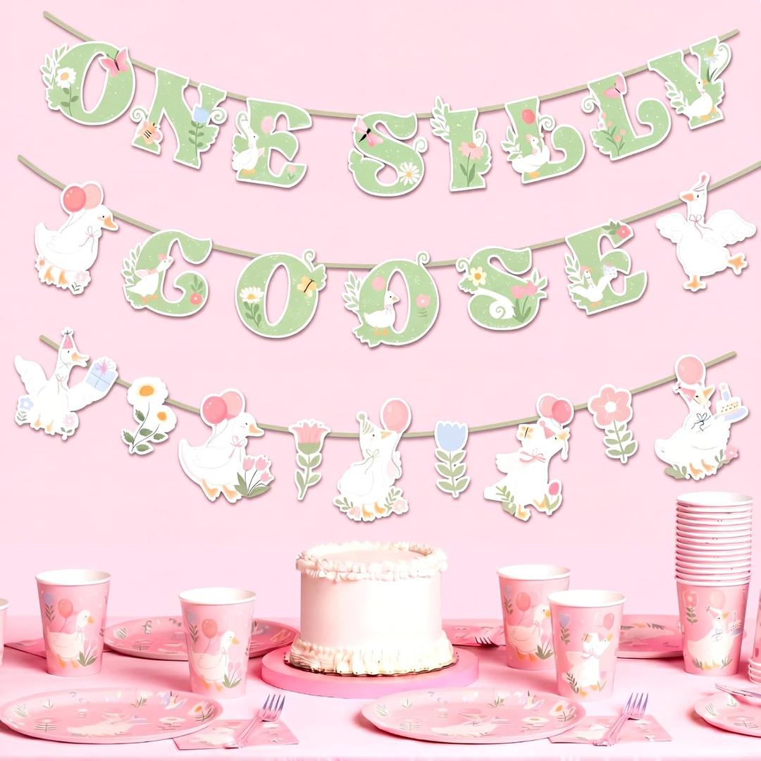 Fullhawl One Silly Goose Banner 1st First Birthday Decorations Silly Goose Birthday Garland Glitter Flower Paper Decor for Summer Farm Animal Baby Shower Party Supplies Photo Booth Props Sign