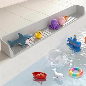 Longer Bath Tub Splash Guard for Kids,Silicone Bath Toy Holder for Bathtub,Bath Tub Play Shelf,Prevent Water Spills in Bathroom,Fun-Filled Bath Time for Toddlers(Grey) Including Free Bonuses (Gray)