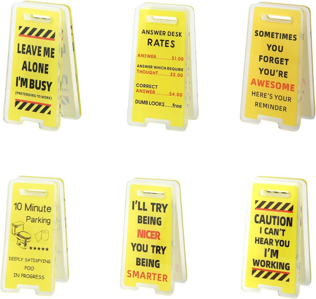 6pcs Funny Desk Signs, Mini Funny Acrylic Note Holder Clips Desk Caution Warning Overstimulated Signs Humor Office Decoration Coworker Gag Gifts for Office Supplies