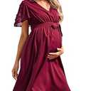 FUNJULY Maternity V Neck Dress Swiss Dot Short Sleeve Summer Wrap Midi Baby Shower Pregnancy Dresses for Photoshoot Wine red-v_M