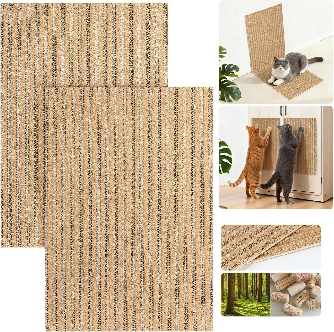 Natural Cork cat Scratch pad for Cats-cat Scratching Posts-cat scratchers for Indoor Cats-cat Scratcher Furniture for Wall & Floor - Natural Cork & Cardboard Blend, No Mess Splinters Easy Clean-2-Pack