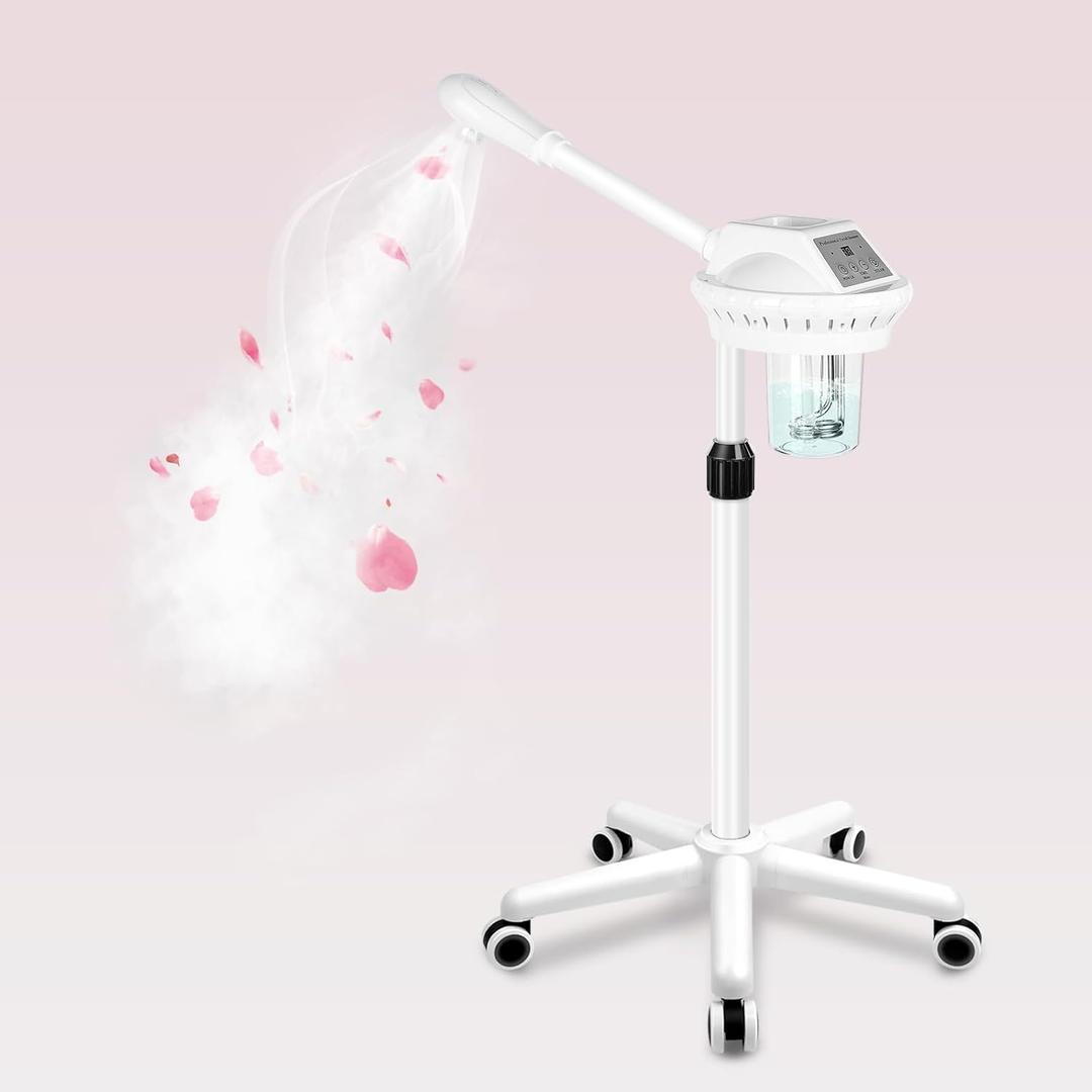 Professional Facial Steamer, Esthetician Steamer on Wheels, Stand Face Steamer for Facial Deep Cleaning and Hydration, Steamer for Facial for Personal Care or Beauty Spa or Salon, White (Large)