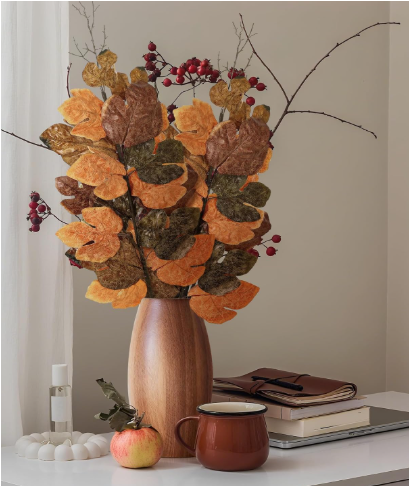 Giegxin 52 Inch Fall Decoration Large Fig Leaf Thanksgiving Decor 3 Pcs Artificial Olive Green Tan Fig Leaves Branches for Mantle Wardrobe Table Centerpiece Autumn Decor