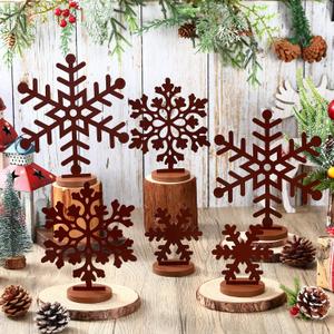 Zonon 6 Pcs Metal Snowflake Table Decor Chocolate Brown Desktop Winter Snowflake Sign Vintage Decoration Sign with Wooden Base for Christmas Winter Holiday Retro Party Wonderland Home