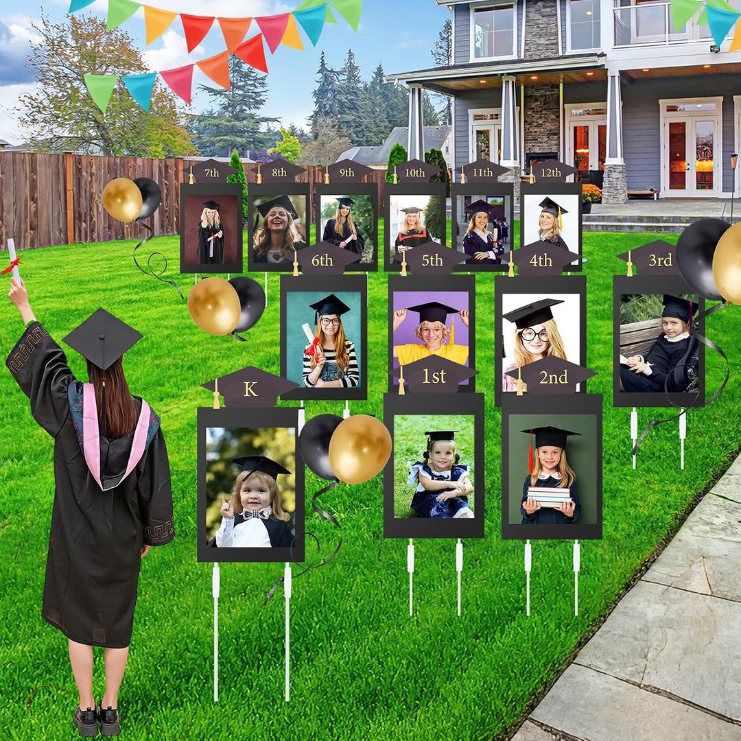 13 Pcs Large K-12 Graduation Photo Yard Signs with Stakes, Class of 2026 Outdoor Graduation Decoration Party Decor, Supports Photos up to 12 X 18, Kindergarten Through Senior School Grade(Black)