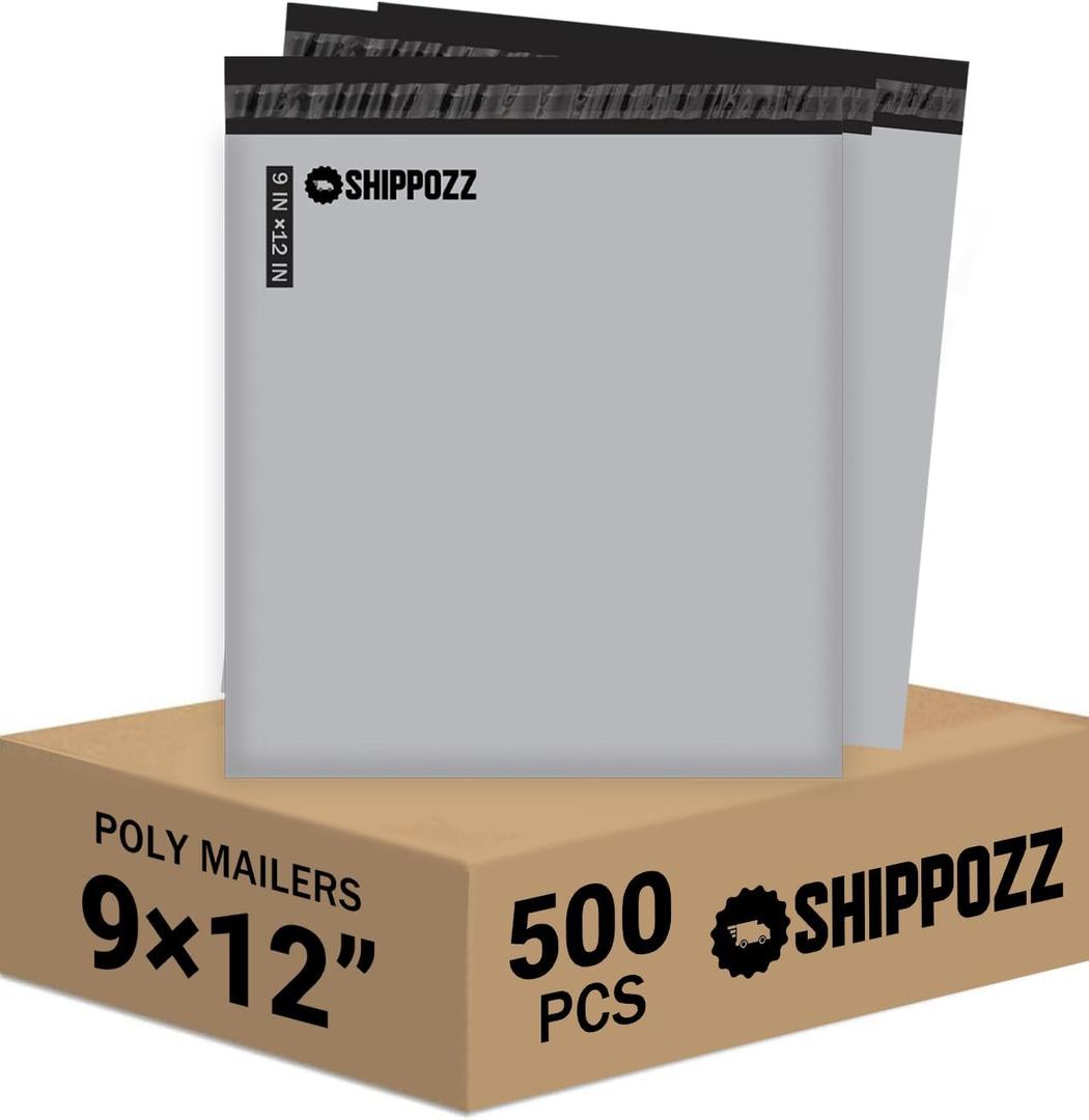 Shippozz 9x12 Poly Mailers 500 Pack, Durable Waterproof Polymailers for Shipping Clothes, Self Seal Mailing Bags for Small Business Packaging Supplies, Mailing Envelopes for Books, and Accessories