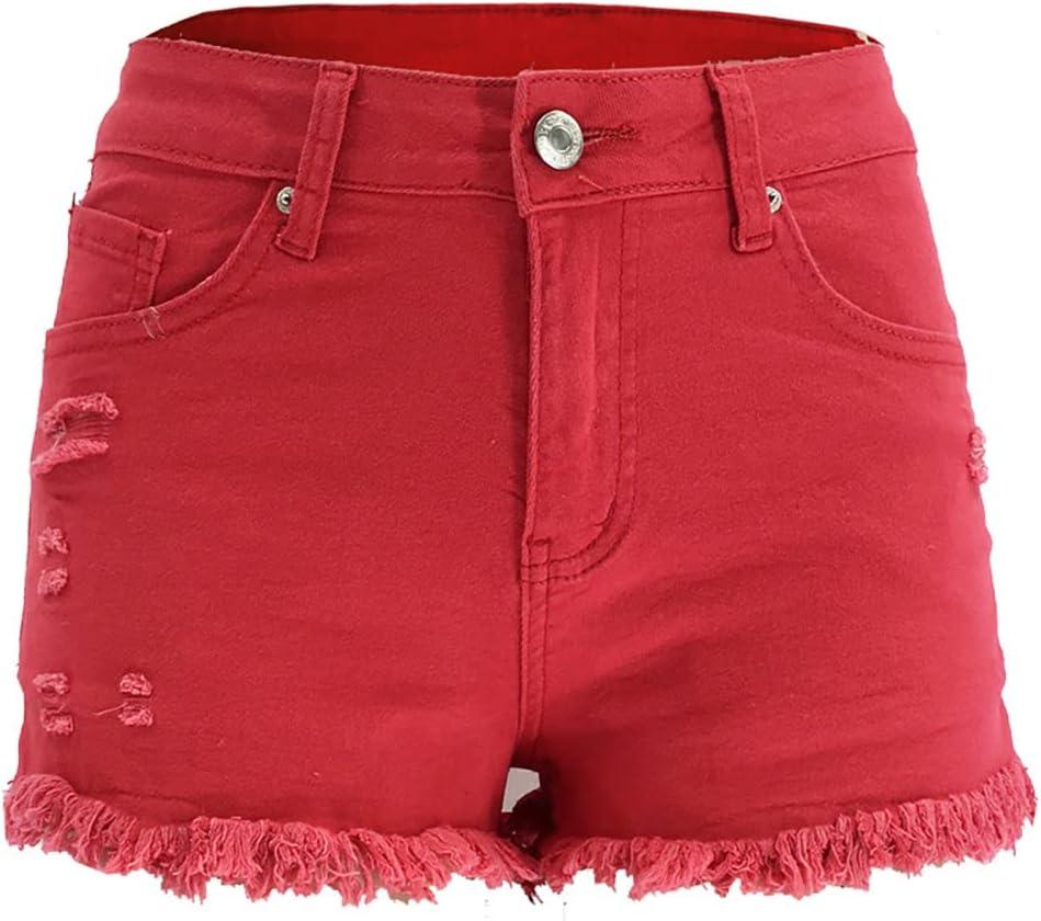 Womens Jean Shorts High Waist Stretch Hot Shorts Fringe Wash Jean Shorts Summer Cute Denim Shorts (Small, B-red)
