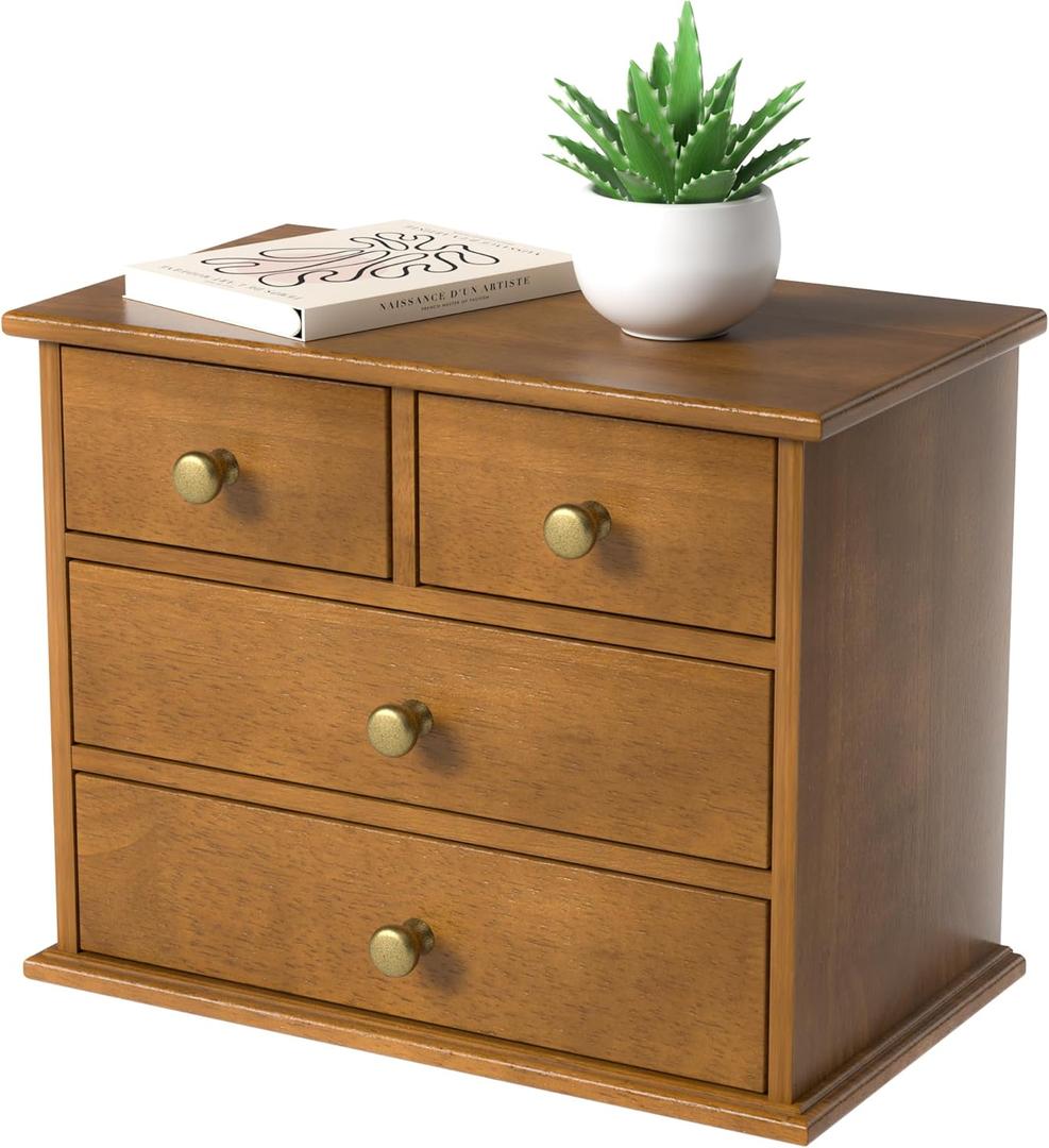 Oak Desk Organizer with Drawers, Durable Wooden Desktop Storage Box with Metal Handles & Non-Slip Silicone Pads, 4 Drawer Tabletop Organizer for Office, Bedroom, Bathroom, Vanity, and Makeup  Walnut
