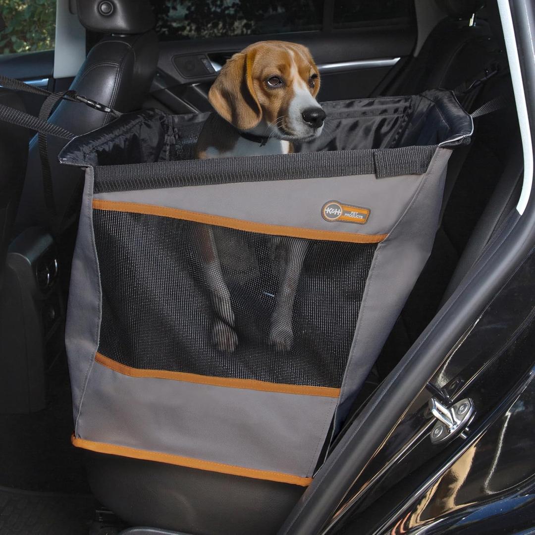 K&H Pet Products Buckle N Go Dog Car Seat for Medium Dogs, Waterproof Fabric, Breathable Mesh Sides, Adjustable Seat Belt Leash, Carseat for Small to Medium Pets, Car Seat Cover - 21 X 13 X 19in (Gray)