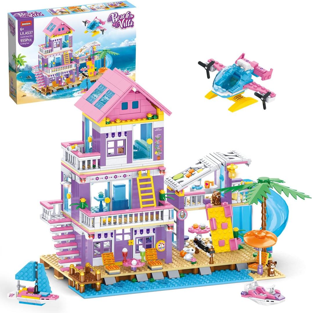 955 Pcs Friends Seaside Villa Building Set, Beach House Building Block Toys, STEM Creative Vacation Hut Brick Kit with Helicopter,Sailboat,Yacht,Birthday Gifts for Kids Girls Boys Age 6-12+