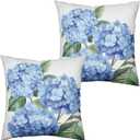 Blue Hydrangea Pillow Covers 16x16 Set of 2 Spring Summer Decorative Pillow Covers Flower Throw Pillow Case Square Cotton Linen Cushion Case for Outdoor Living Room Couch Sofa