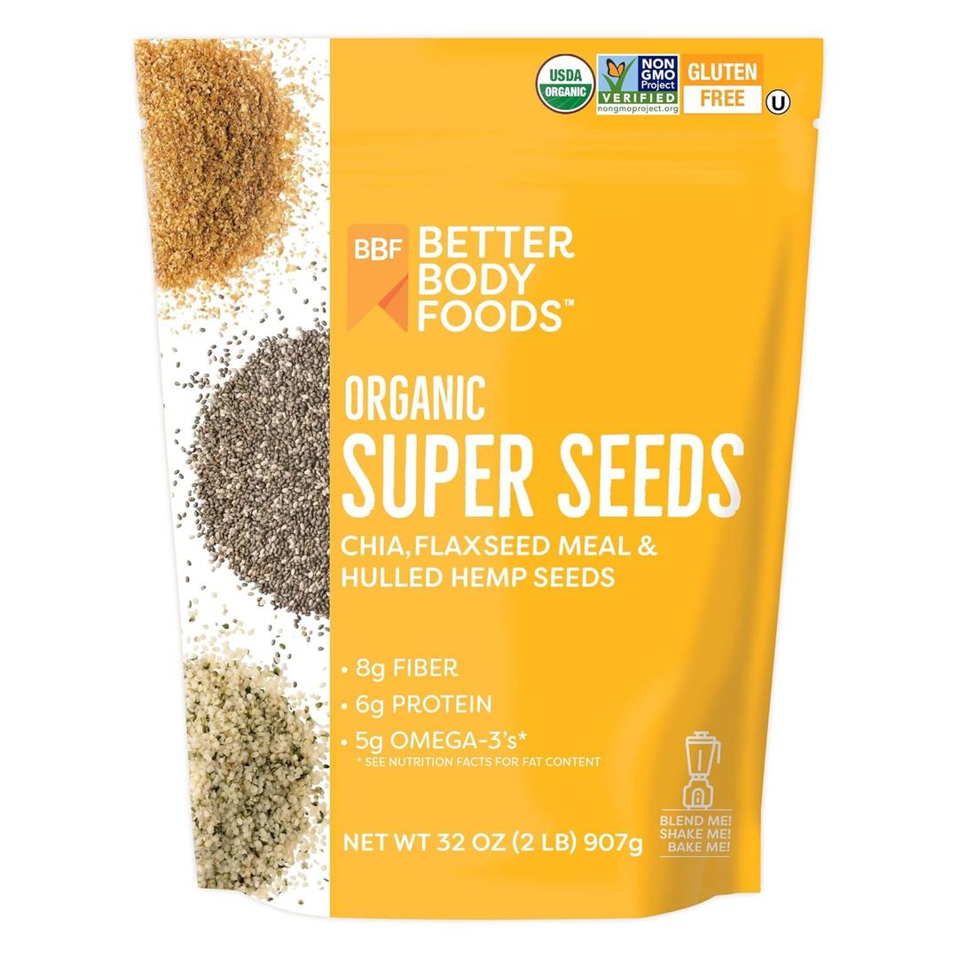 BetterBody Foods Superfood Organic Super Seeds - Chia Flax & Hemp Seeds, Blend of Organic Milled Flax Seed Organic Hemp Hearts, Add to Smoothies Shakes & More, 2lb, 32 oz, Best By 08/28/2025