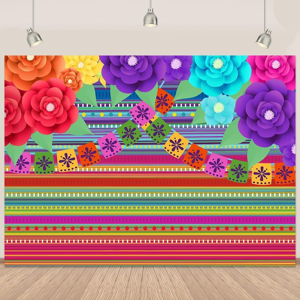 Mexican Cinco De Mayo Backdrop Colorful Stripes Paper Flowers Fiesta Backdrop Fiesta Cinco De Mayo Banner Mexican Party Decorations 7x5Ft