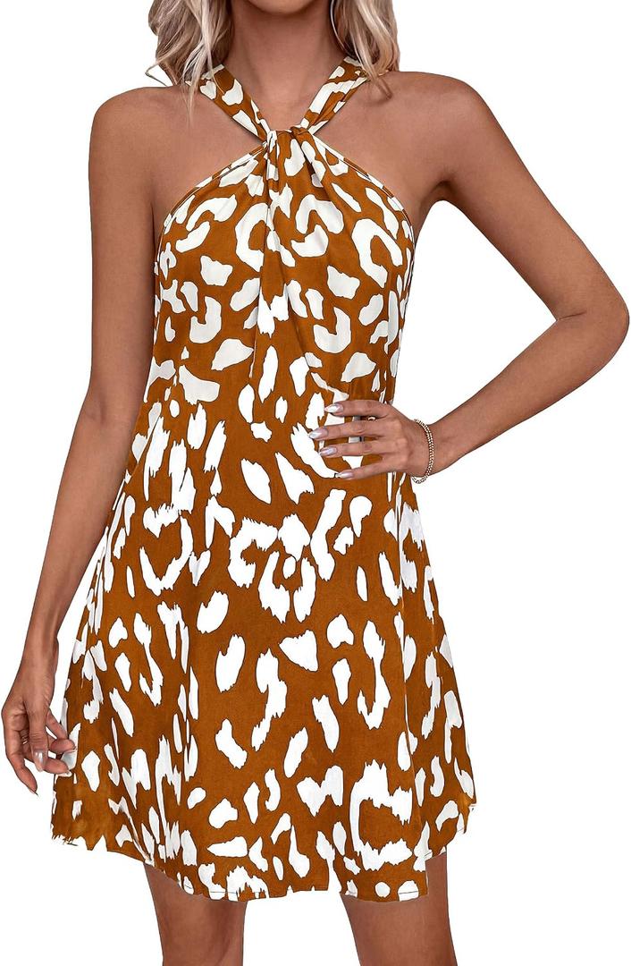 PRETTYGARDEN Womens 2026 Summer Halter Mini Dress Sleeveless Boho Floral Short Sundress Casual Flowy Beach Dresses (Brown, XXL)