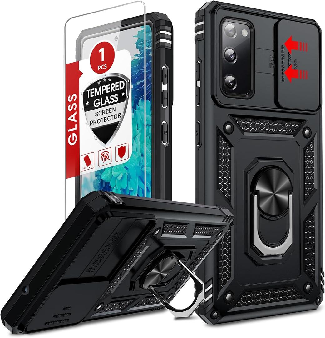 LeYi for Samsung Galaxy S20-FE 5G Case:   , Samsung S20 FE Case with Camera Cover+Glass Screen Protector, Heavy Duty Rugged Cell Android Cover Funda Ring Stand S20FE Phone, Black