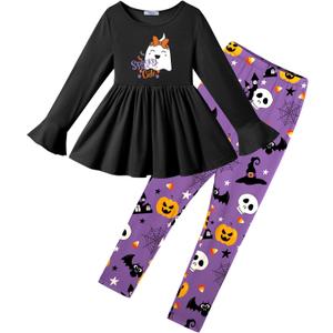 Arshiner Girls 2 Piece Clothing Set Floral Ruffle Hem Bell Sleeve Top and Leggings Fall Winter Outfits for 2-10 Years (Halloween Purple)