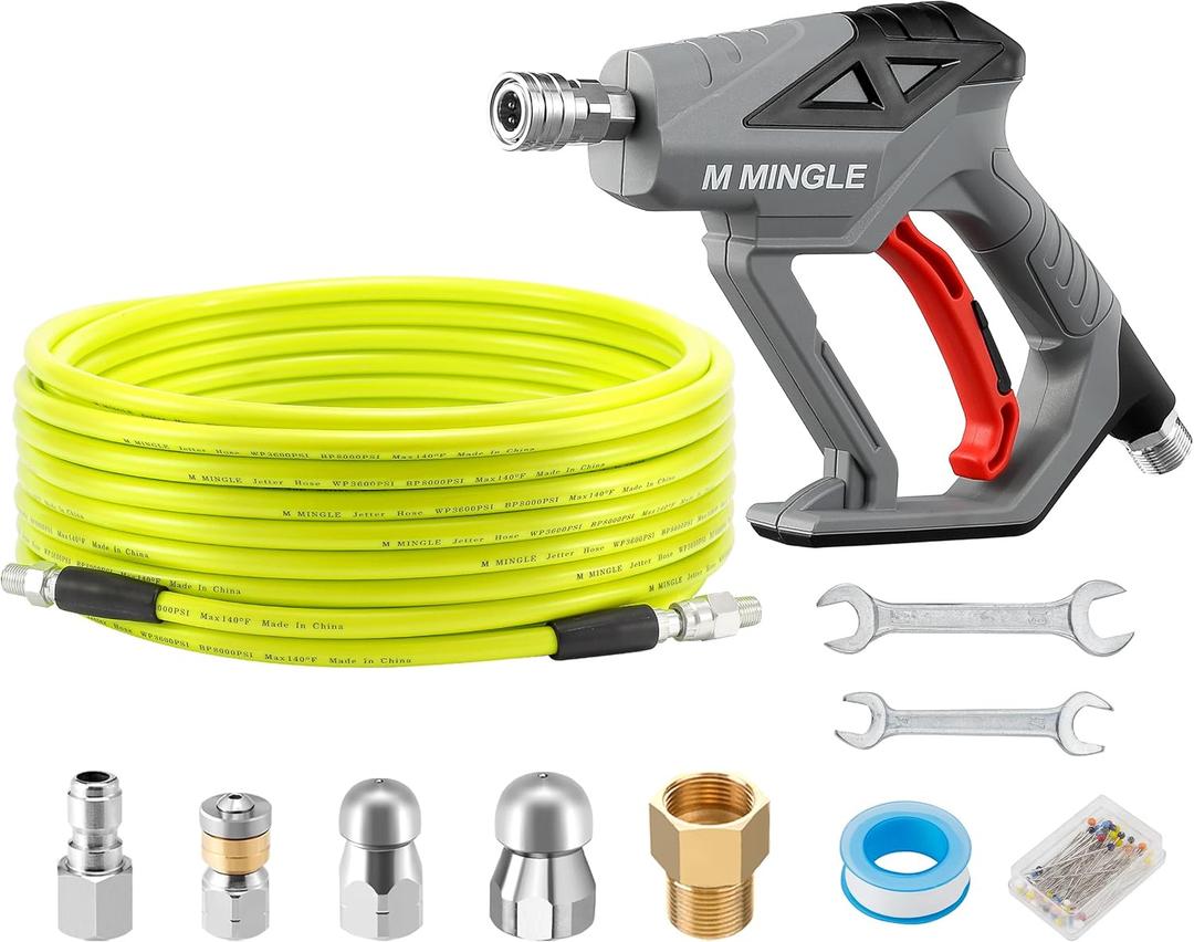 M MINGLE Sewer Jetter Kit for Pressure Washer 50 FT, Drain Cleaner Hose with Power Washer Gun, 1/4 Inch NPT Corner Rotating and Button Nose Sewer Jetting Nozzle, Orifice 4.0, 4.5 (Yellow)